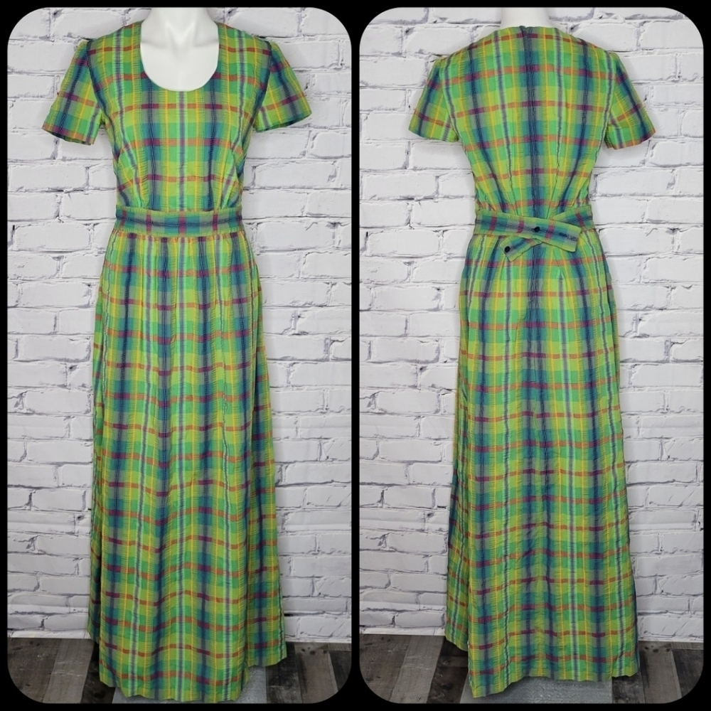 Vintage Connie Delpino Green Plaid Belted Short Sleeve SeerSucker Maxi Dress M/L